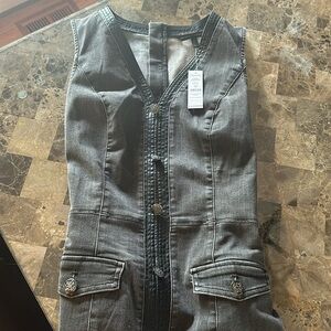 White House Black Market obsidian black denim dress w/ black leather detail